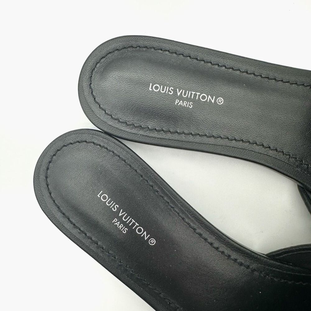 LOUIS VUITTON Embossed Monogram Revival Flat Mules Size 37 Black Logo Slides - Picture 5 of 12
